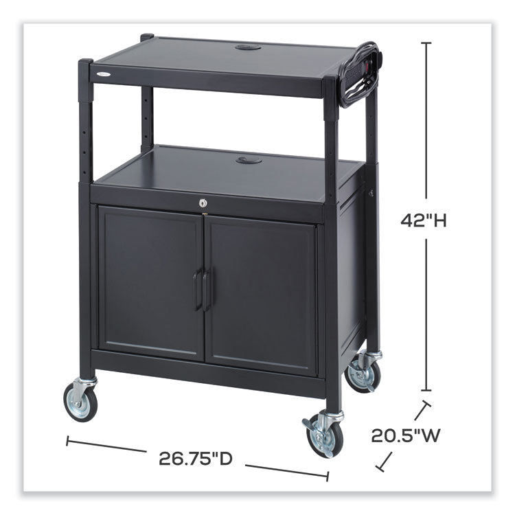 Steel Adjustable AV Cart with Cabinet, Metal, 3 Shelf, 6 AC Outlets, 40 lb Capacity, 26.75 x 20.5 x 42, Black