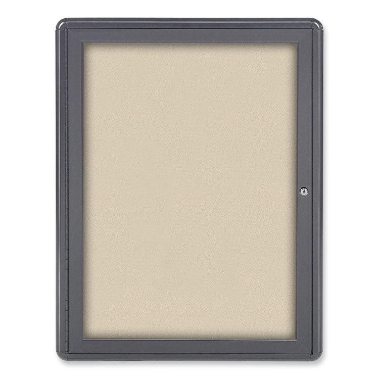 Ovation 1 Door Enclosed Fabric Bulletin Board, 24.13" x 33.75", Beige Surface, Powder-Coated Gray Aluminum Frame
