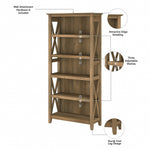 Bush Furniture Key West 66"H 5-Shelf Bookcase with Adjustable Shelves, Reclaimed Pine Laminated Wood (KWB132RCP-03)