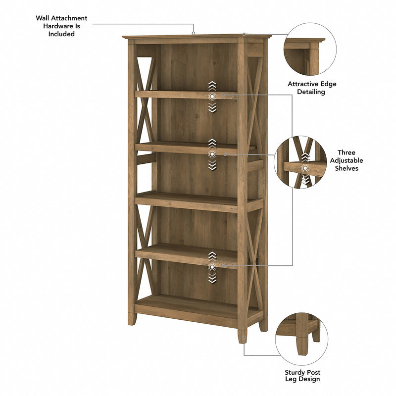 Bush Furniture Key West 66"H 5-Shelf Bookcase with Adjustable Shelves, Reclaimed Pine Laminated Wood (KWB132RCP-03)
