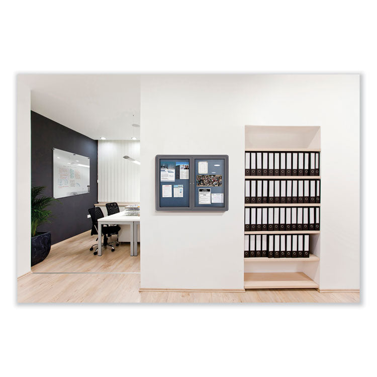 Ovation 1 Door Enclosed Fabric Bulletin Board, 24.13" x 33.75", Beige Surface, Powder-Coated Gray Aluminum Frame