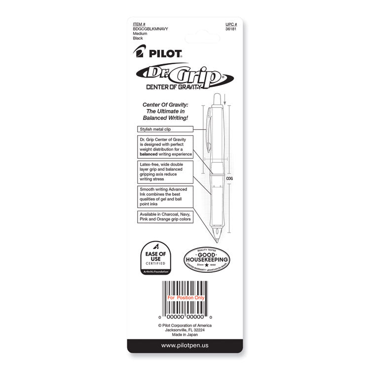 Dr. Grip Center of Gravity Ballpoint Pen, Retractable, Medium 1 mm, Black Ink, Silver/Navy Barrel
