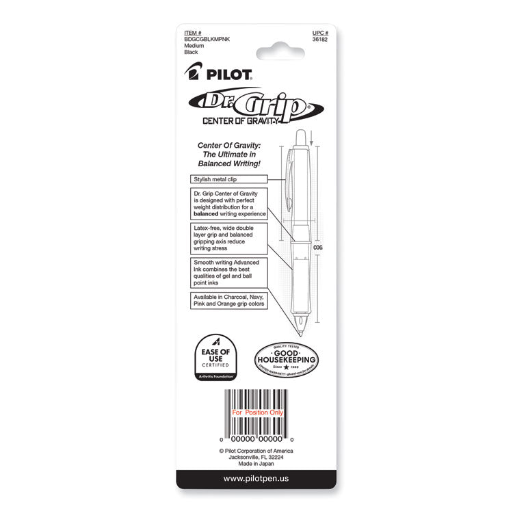 Dr. Grip Center of Gravity Ballpoint Pen, Retractable, Medium 1 mm, Black Ink, Silver/Pink Barrel