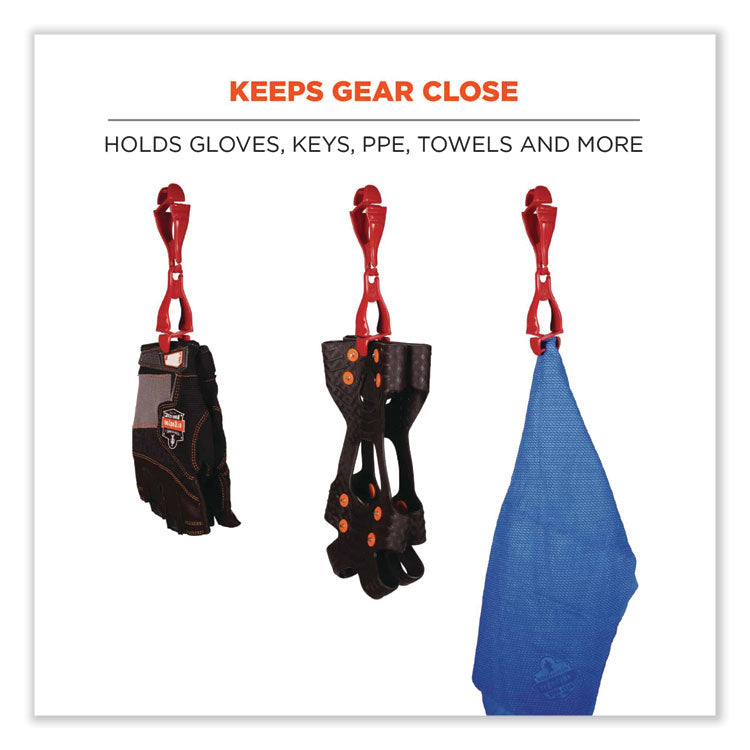 Squids 3400 Dual Clip Glove Clip Holder, 1 x 1 x 6.5, Acetal Copolymer, Red, 100/Pack