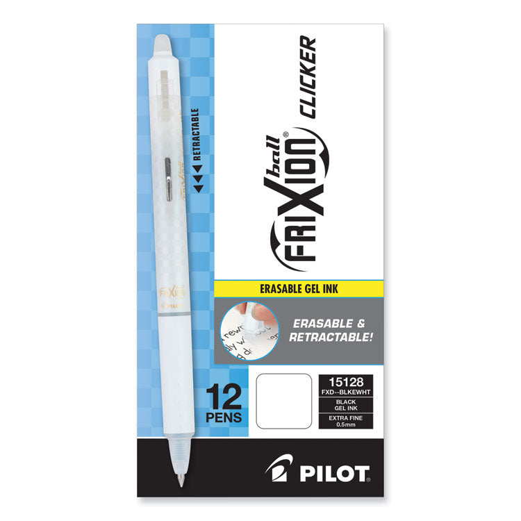 FriXion Ball Clicker Erasable Gel Pen, Retractable, Extra-Fine 0.5 mm, Black Ink, White Barrel, Dozen