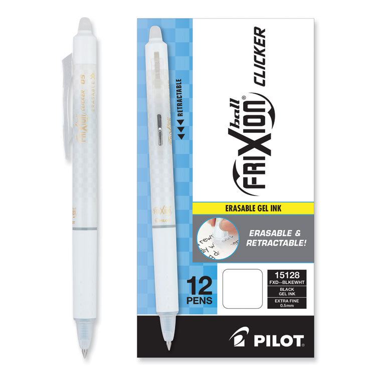 FriXion Ball Clicker Erasable Gel Pen, Retractable, Extra-Fine 0.5 mm, Black Ink, White Barrel, Dozen
