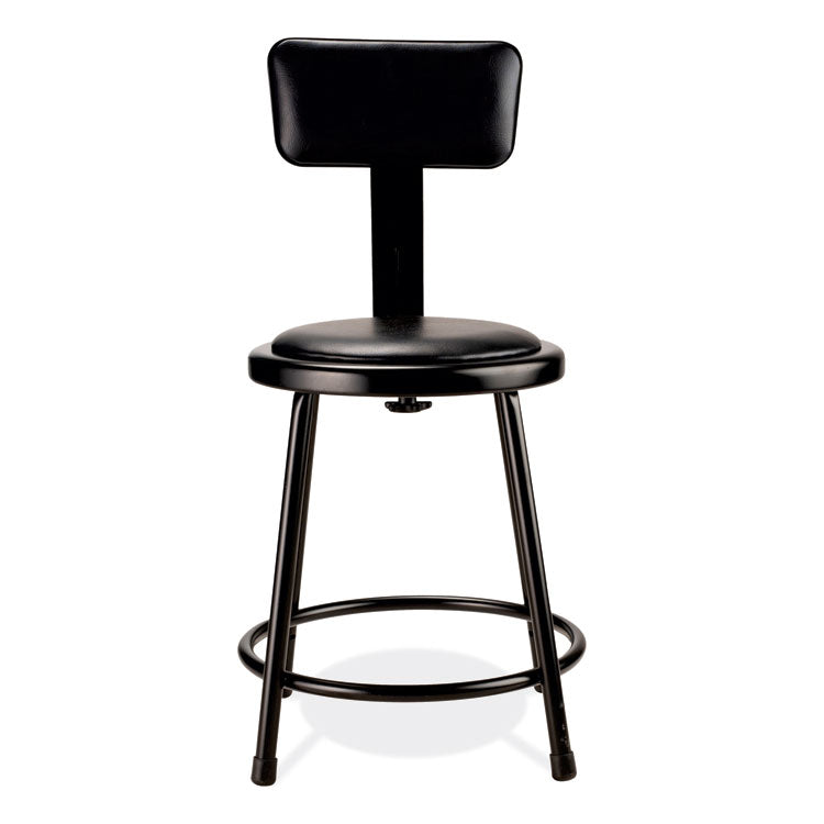 6400 Series Heavy Duty Vinyl Padded Stool with Backrest, Supports 300 lb, 18" Seat Height, Black Seat, Black Back, Black Base