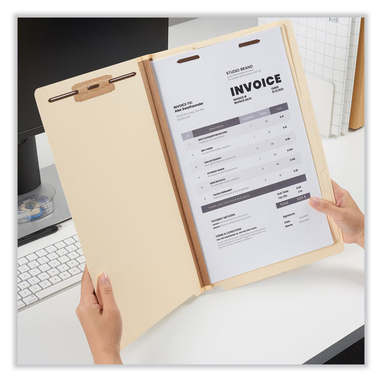Six-Section Manila End Tab Classification Folders, 2" Expansion, 2 Dividers, 6 Fasteners, Legal Size, Manila Exterior, 10/Box