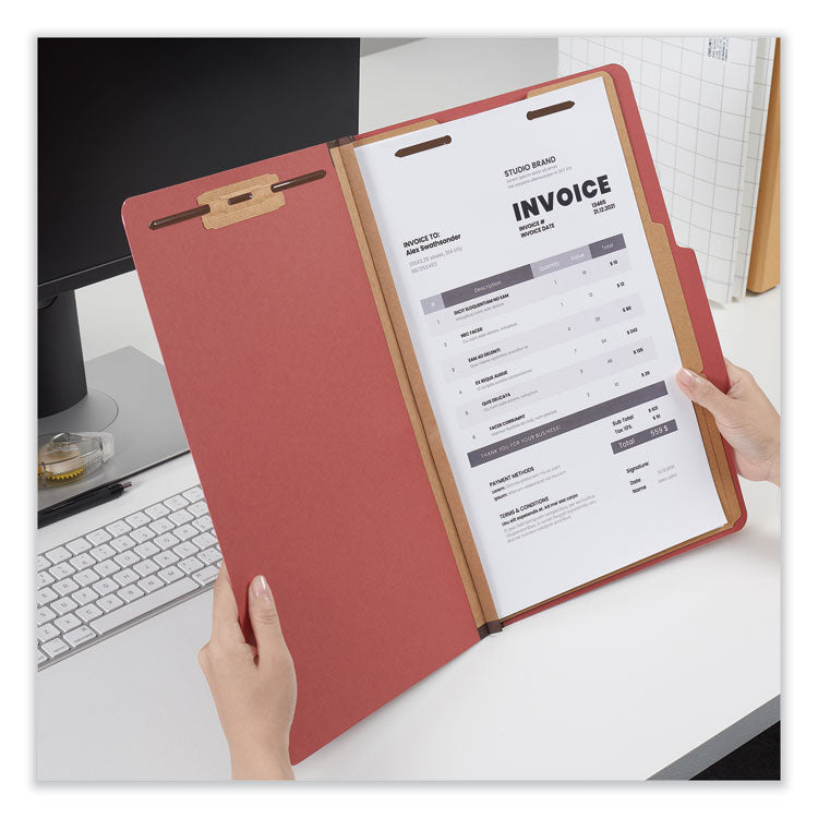 Six-Section Pressboard Classification Folders, 2" Expansion, 2 Dividers, 6 Fasteners, Legal Size, Red Exterior, 10/Box
