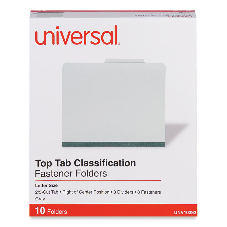 Eight-Section Pressboard Classification Folders, 3" Expansion, 3 Dividers, 8 Fasteners, Letter Size, Gray Exterior, 10/Box