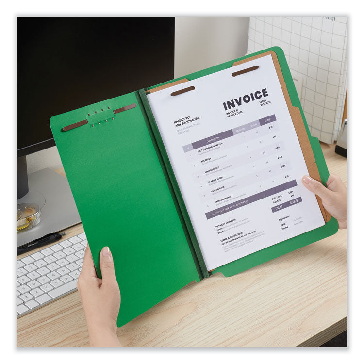 Bright Colored Pressboard Classification Folders, 2" Expansion, 2 Dividers, 6 Fasteners, Letter Size, Emerald Green, 10/Box