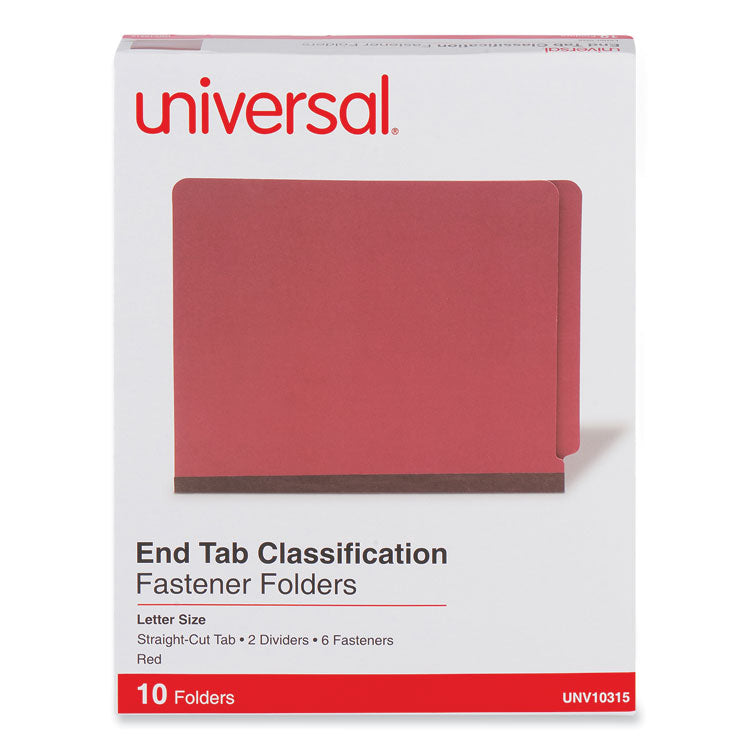 Red Pressboard End Tab Classification Folders, 2" Expansion, 2 Dividers, 6 Fasteners, Letter Size, Red Exterior, 10/Box
