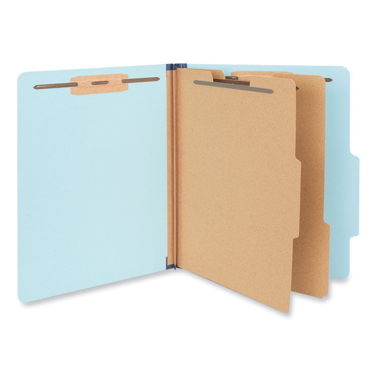 Six-Section Classification Folders, Heavy-Duty Pressboard Cover, 2 Dividers, 6 Fasteners, Letter Size, Light Blue, 20/Box