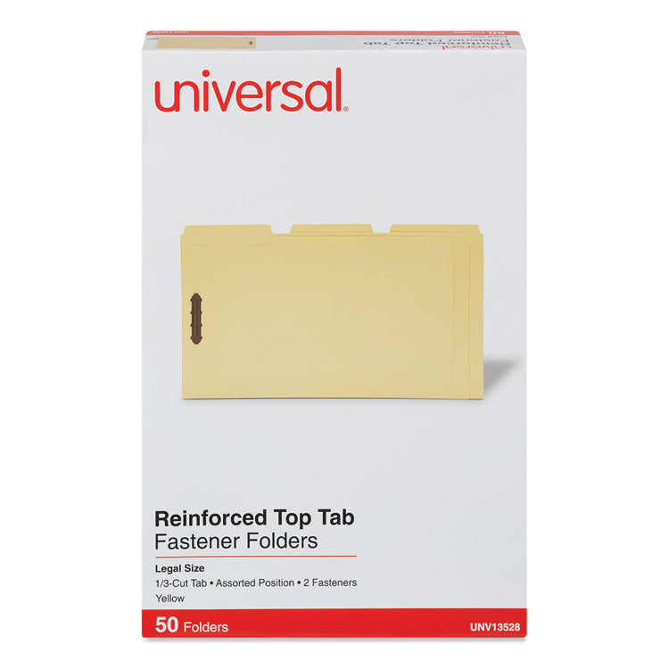 Deluxe Reinforced Top Tab Fastener Folders, 0.75" Expansion, 2 Fasteners, Legal Size, Yellow Exterior, 50/Box