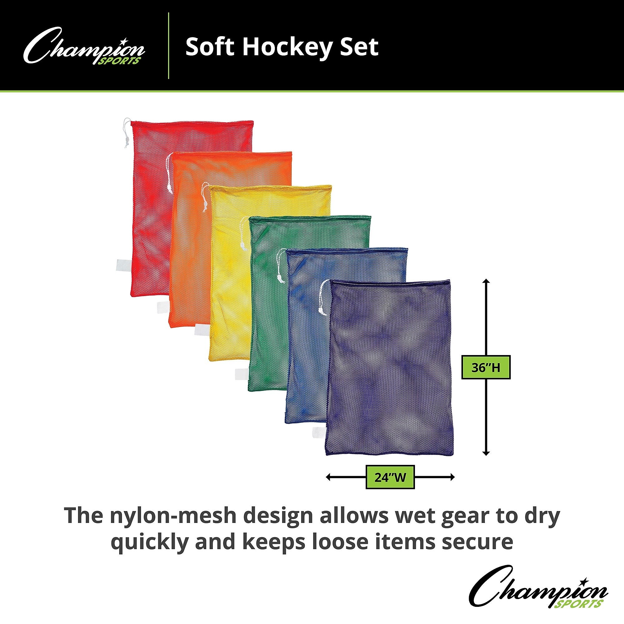 Champion Sports 24" x 36" Nylon-Mesh Equipment Bags, Assorted Colors, 6/Set (CHSMB21SET)