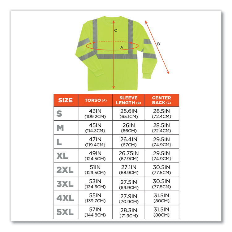 GloWear 8391 Class 3 Hi-Vis Long Sleeve Shirt, Polyester, Lime, Large