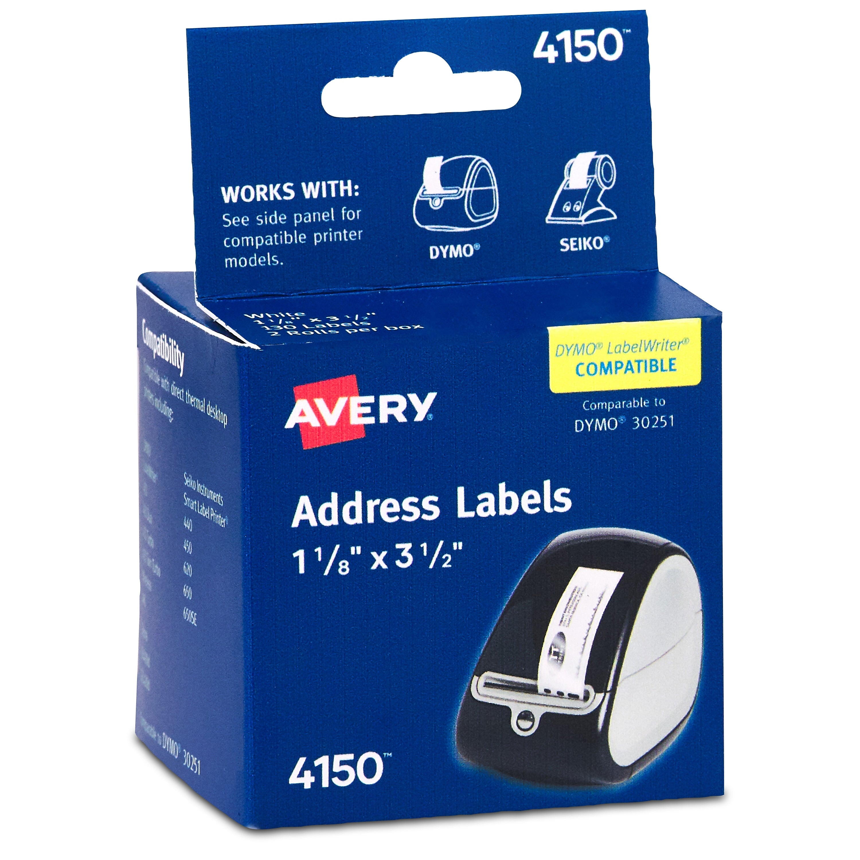 Avery Thermal Address Labels, 1-1/8" x 3-1/2", White, 260 Labels/Box (4150)