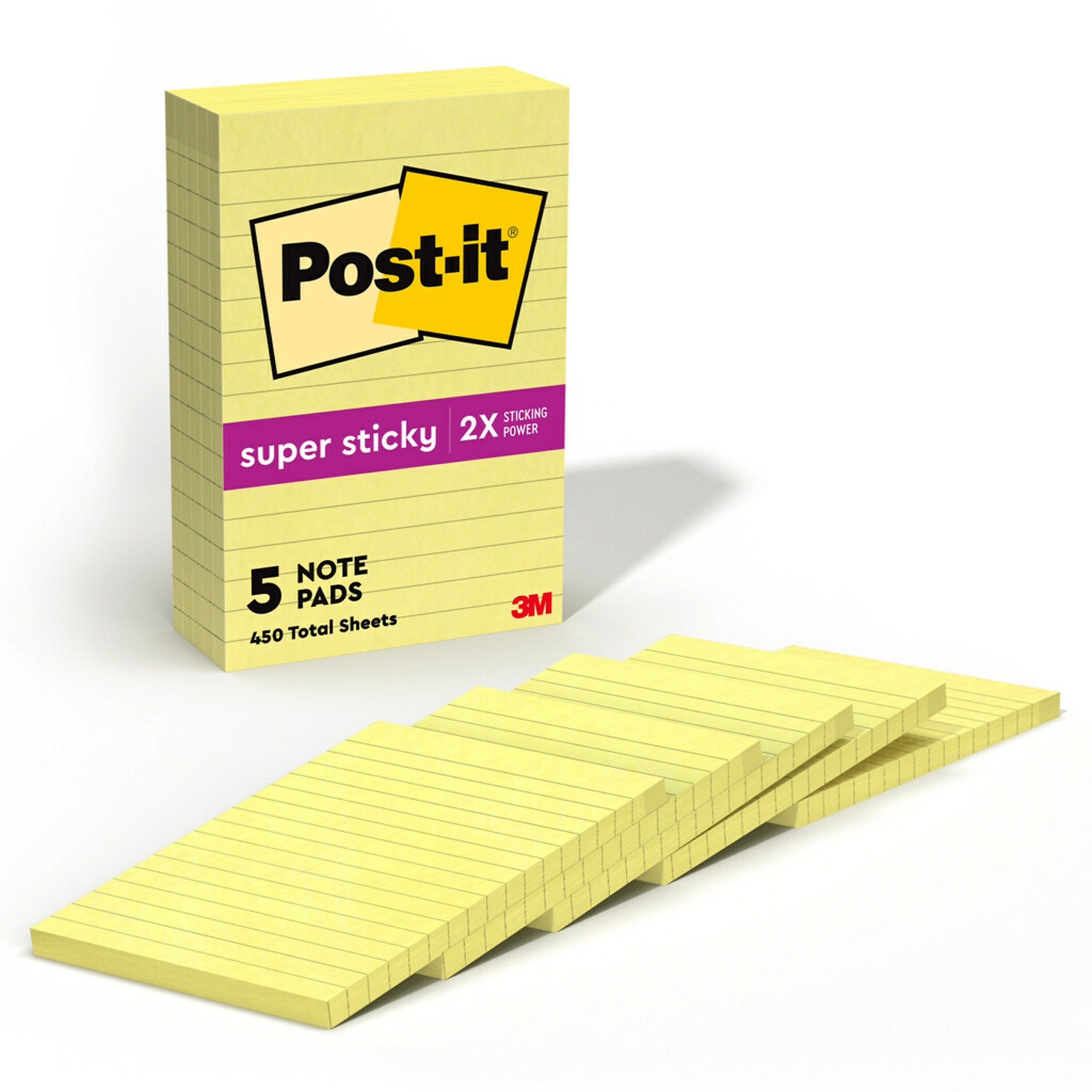 Post-it Super Sticky Notes, 4" x 6", Canary Collection, Lined, 90 Sheet/Pad, 5 Pads/Pack (6605SSCY)