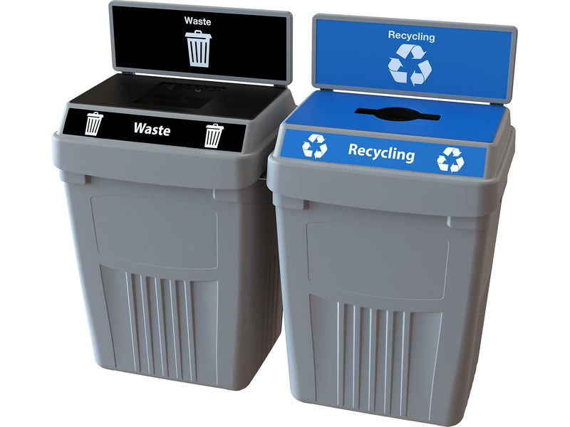 CleanRiver FlexE Plastic Dual-Stream Recycling Station, 100 Gallon, Gray (FX100B-GY2-W-BK-R-BE)