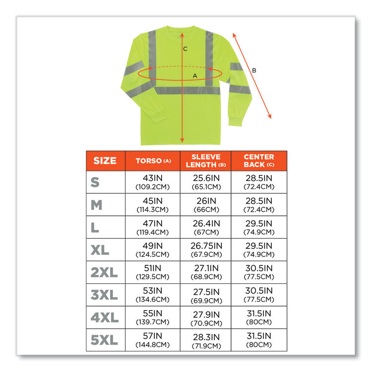 GloWear 8391 Class 3 Hi-Vis Long Sleeve Shirt, Polyester, Lime, 2X-Large