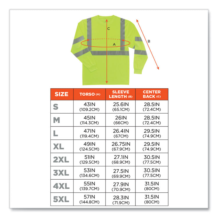 GloWear 8391 Class 3 Hi-Vis Long Sleeve Shirt, Polyester, Lime, 3X-Large