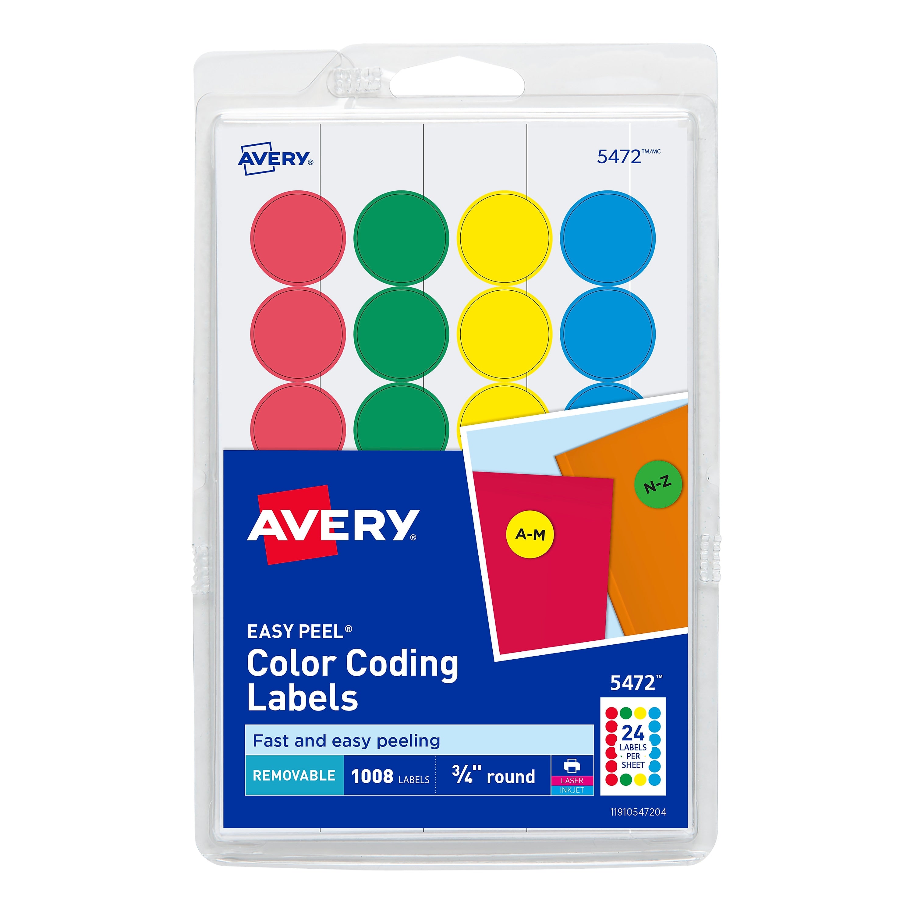 Avery Easy Peel Laser/Inkjet Color Coding Labels, 3/4" Dia, Assorted Colors, 1,008 Labels/Pack (5472)