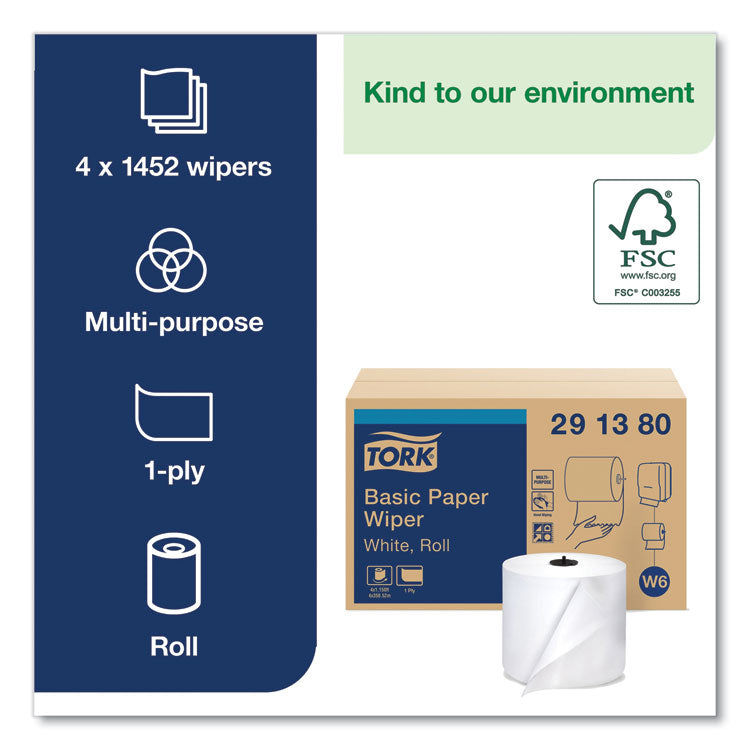 Paper Wiper Roll Towel, 1-Ply, 7.68" x 1,150 ft, White, 4 Rolls/Carton