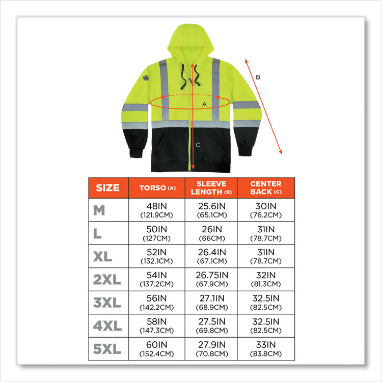 GloWear 8372 ZipUp HiVis Class 3 Zip Hooded Sweatshirt with Black Bottom, Polar Fleece, Lime, 3X-Large