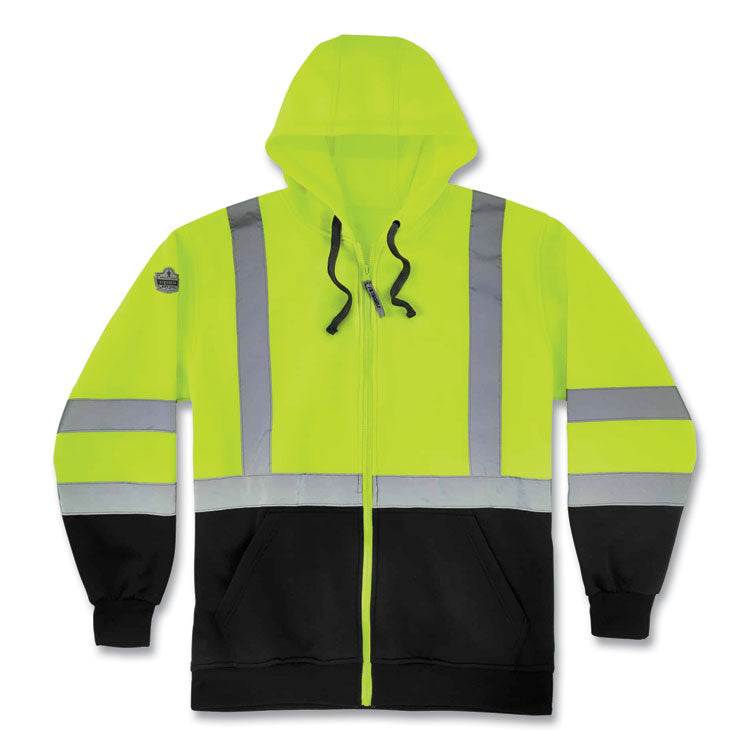GloWear 8372 ZipUp HiVis Class 3 Zip Hooded Sweatshirt with Black Bottom, Polar Fleece, Lime, 2X-Large