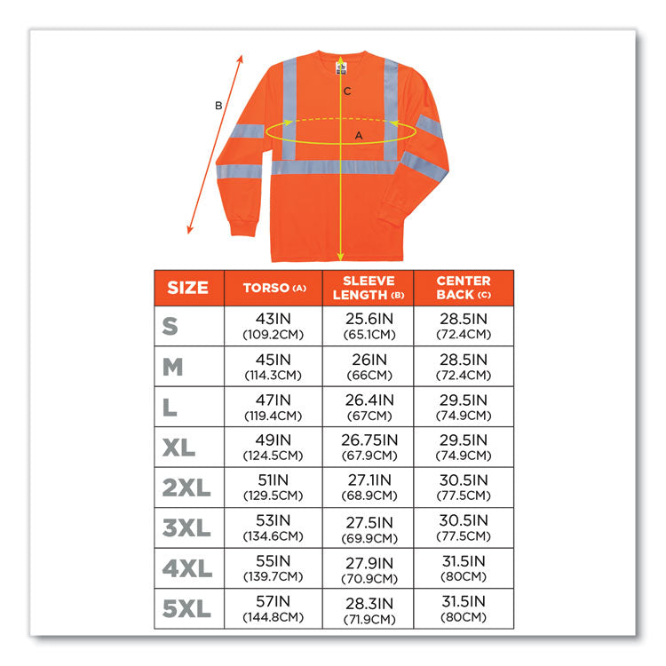 GloWear 8391 Class 3 Hi-Vis Long Sleeve Shirt, Polyester, Orange, 2X-Large