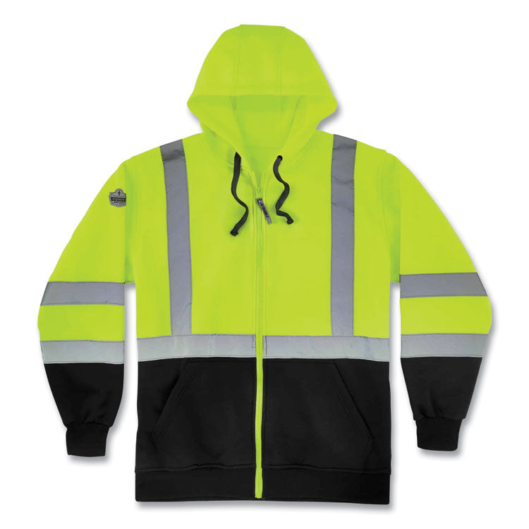 GloWear 8372 ZipUp HiVis Class 3 Zip Hooded Sweatshirt with Black Bottom, Polar Fleece, Lime, X-Large