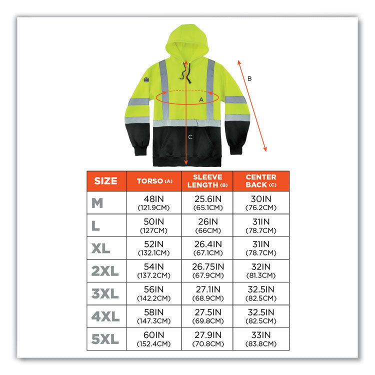GloWear 8373 Hi-Vis Class 3 Hooded Sweatshirt with Black Bottom, Polar Fleece, Lime, 4X-Large