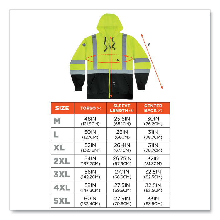 GloWear 8372 ZipUp HiVis Class 3 Zip Hooded Sweatshirt with Black Bottom, Polar Fleece, Lime, Large