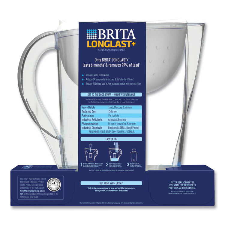 Pacifica Pitcher with Longlast+ Filter, 10 Cups, White/Clear
