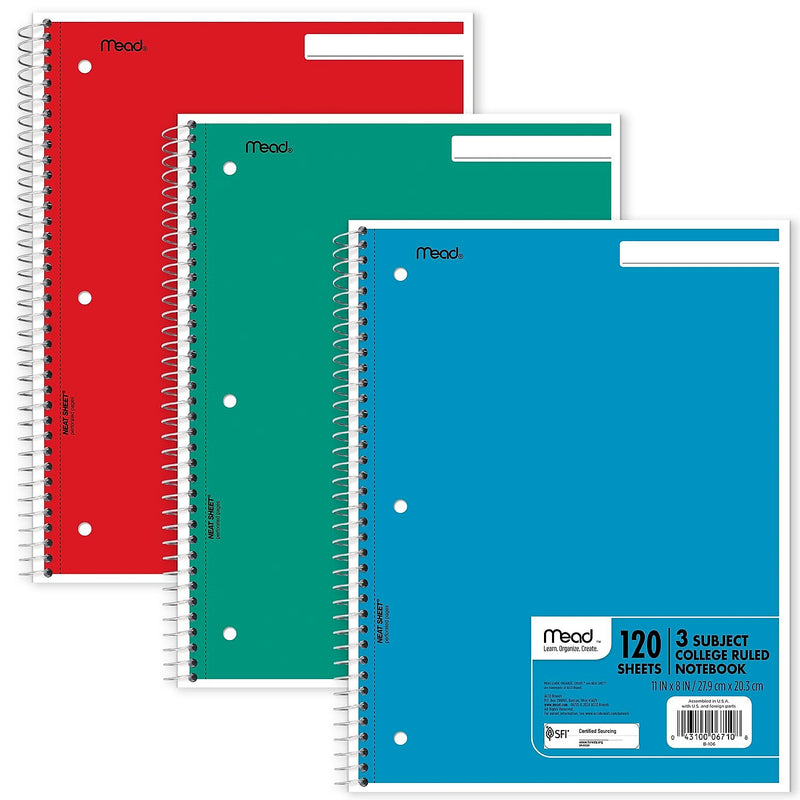 Mead Spiral 3-Subject Notebooks, 8.5" x 11", College Ruled, 120 Sheets (06710)