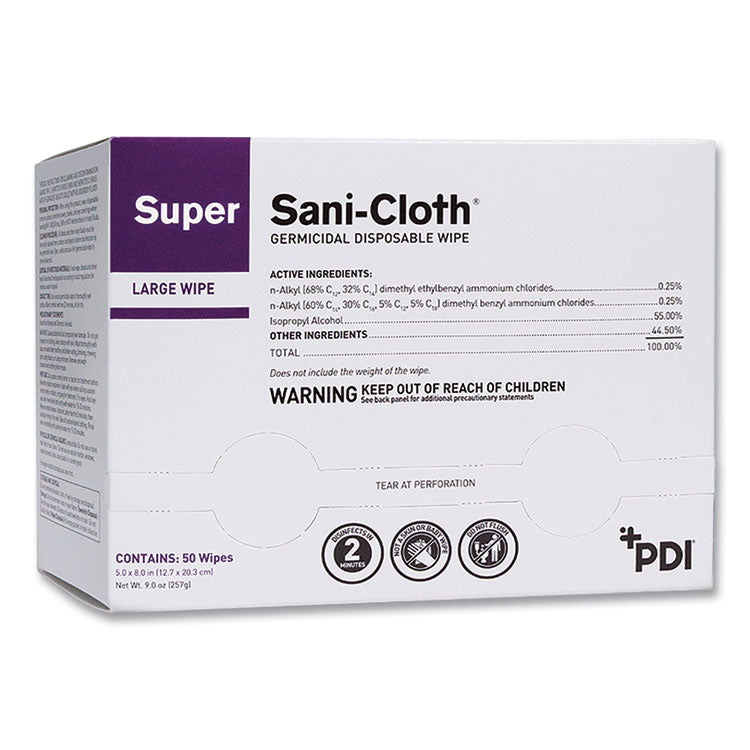 Super Sani-Cloth Individually Wrapped Germicidal Disposable Wipes, Large, 1-Ply, 5 X 8, Unscented, White, 50/pack