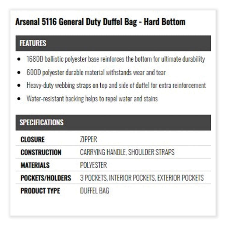 Arsenal 5116 General Duty Gear Bag, 9.5 x 23.5 x 12, Black