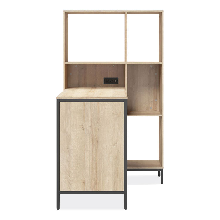 Turing Home Office Workstation with Integrated Bookcase and Power Center, 48.3" x 31.75" x 55.25", Desert Ash/Black