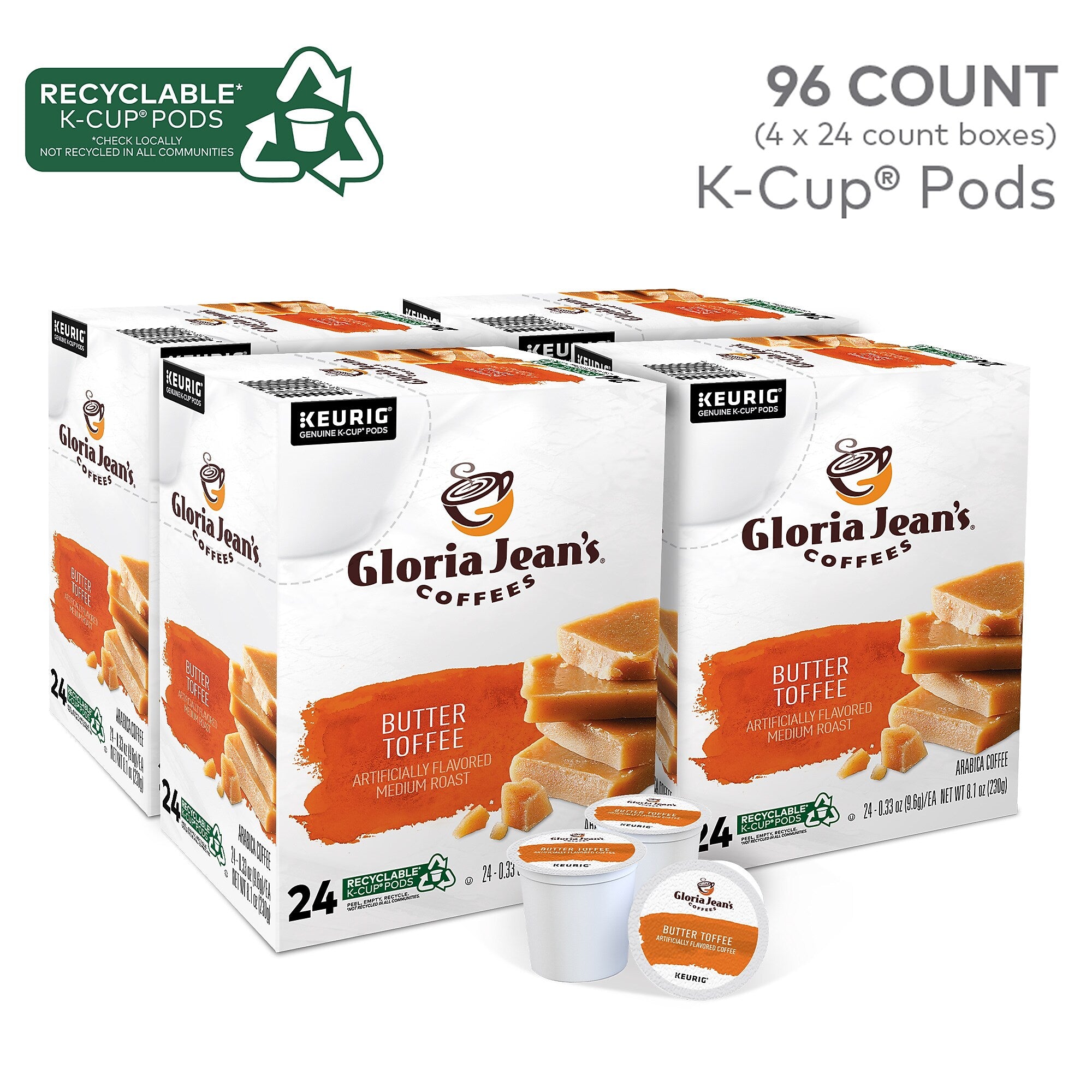 Gloria Jean's Coffees Butter Toffee Coffee, Keurig K-Cup Pod, Medium Roast, 96/Carton (60051-012CT)