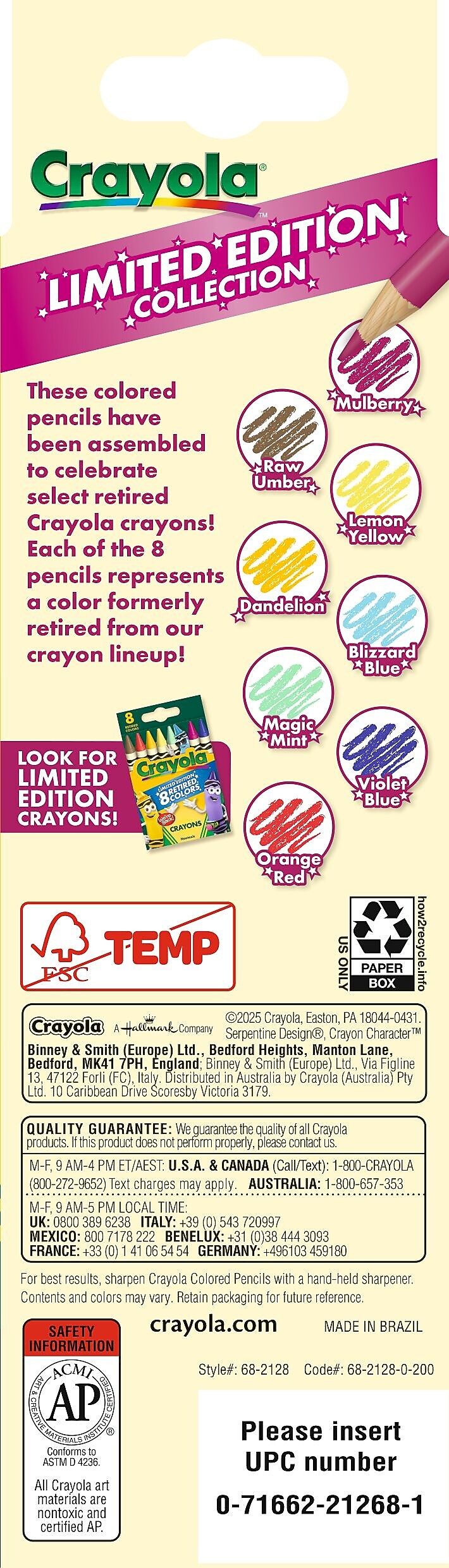 Crayola Limited Edition Collection Kid's Colored Pencils, Assorted Colors, 8/Pack (68-2128)