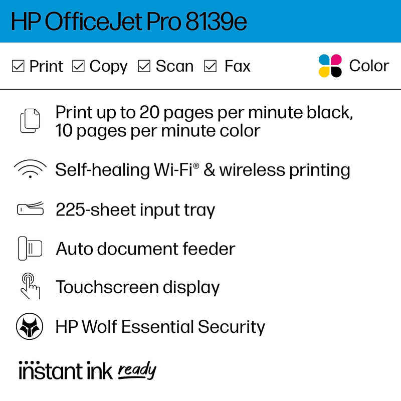 HP OfficeJet Pro 8139e Wireless Color Inkjet Printer, All-In-One, Print, Scan, Copy, Fax (40Q51A#B1H)
