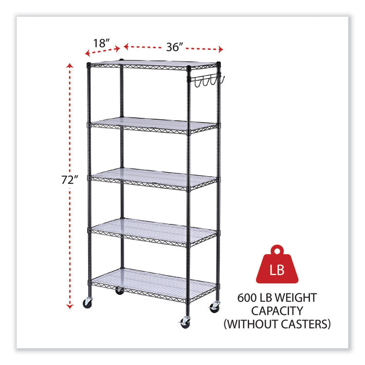 5-Shelf Wire Shelving Kit With Casters And Shelf Liners, 36w X 18d X 72h, Black Anthracite