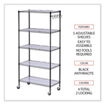 5-Shelf Wire Shelving Kit With Casters And Shelf Liners, 36w X 18d X 72h, Black Anthracite