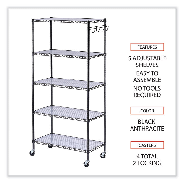 5-Shelf Wire Shelving Kit With Casters And Shelf Liners, 36w X 18d X 72h, Black Anthracite