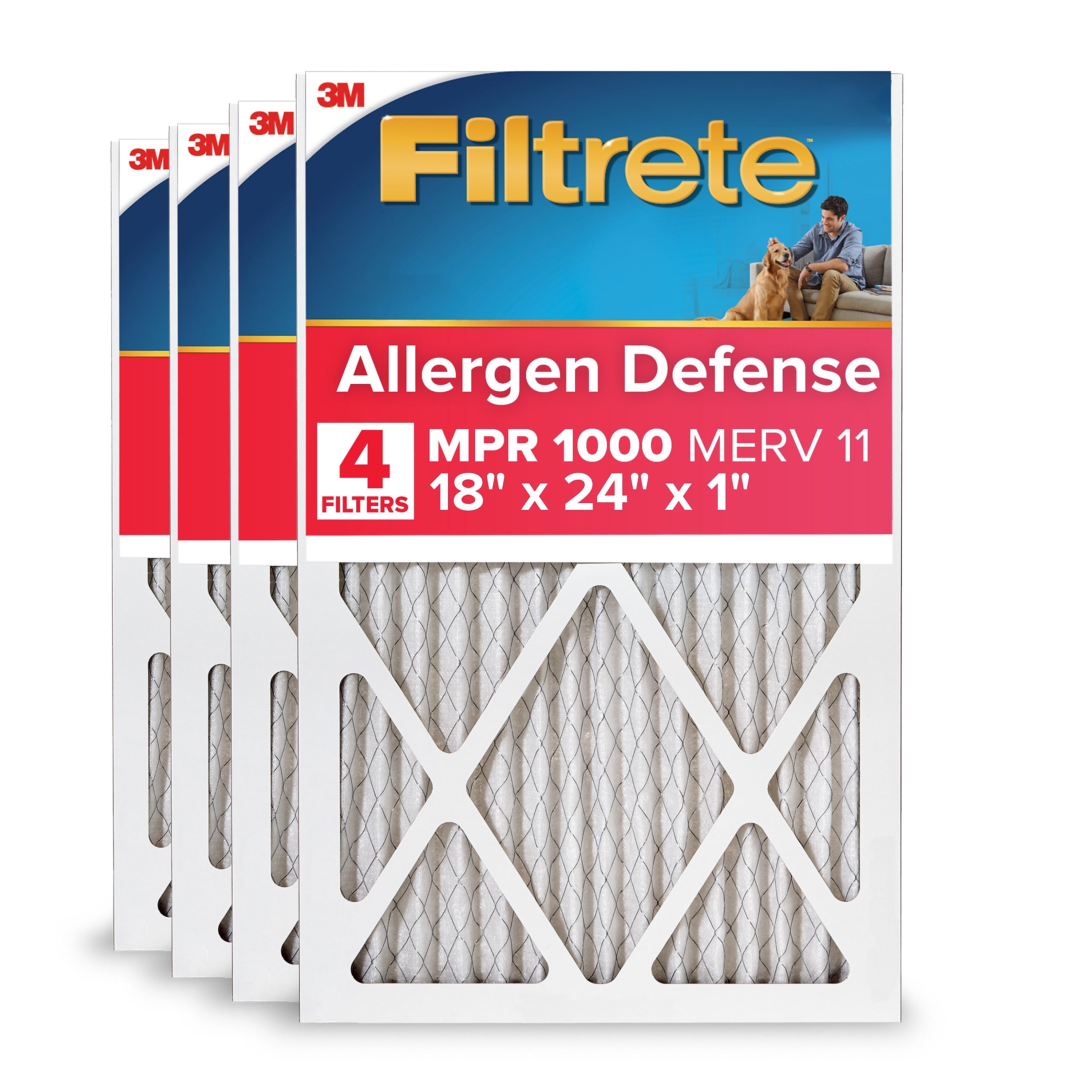 Filtrete Allergen Defense 18" x 24" x 1" Pleated Air Filter, MERV 11, 4/Carton (1000 MPR)