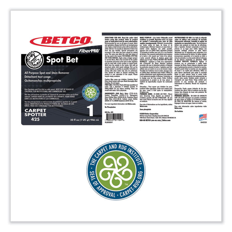 FiberPro Spot Bet Stain Remover, Country Fresh Scent, 32 oz Bottle, 12/Carton