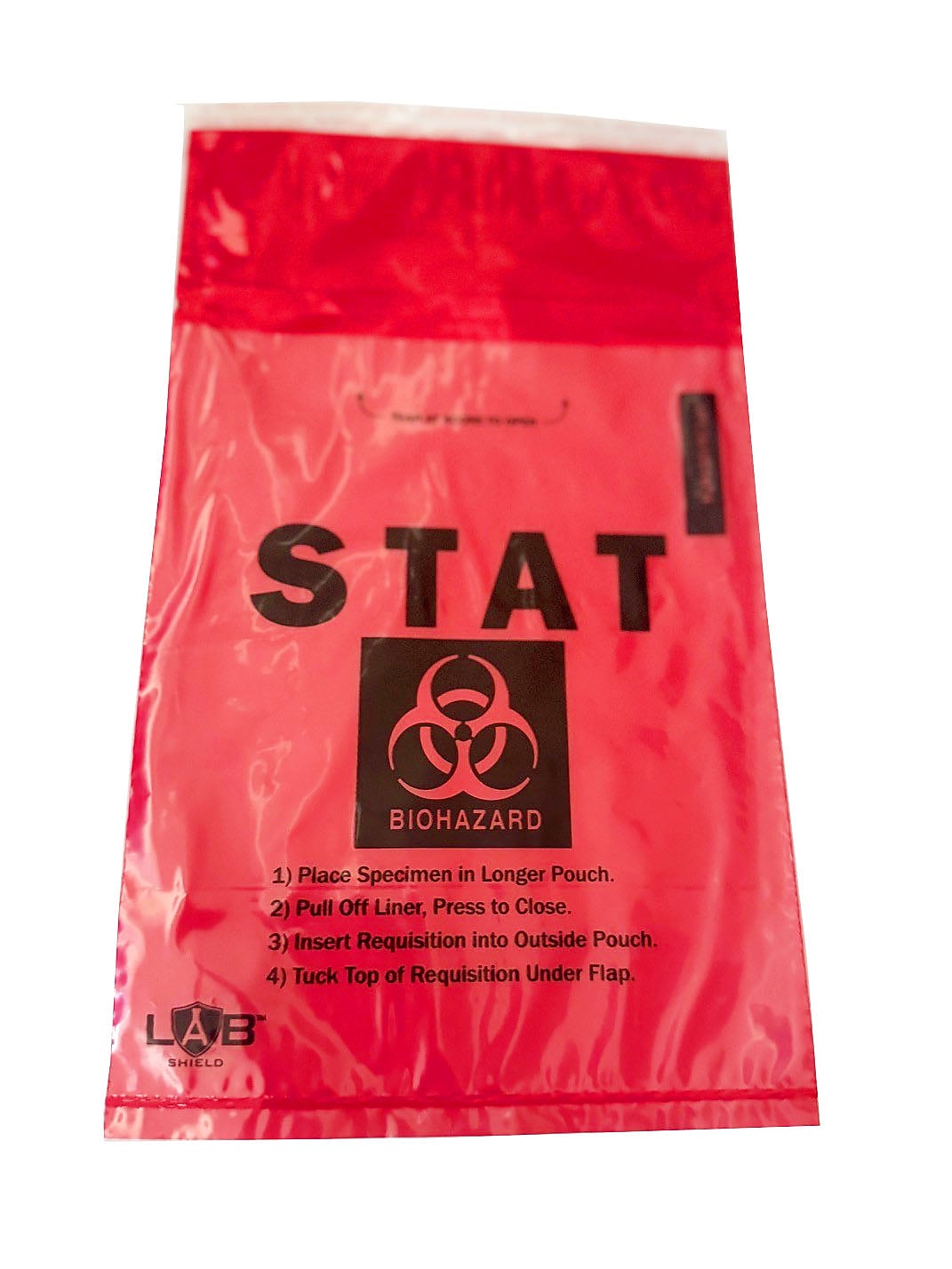 Biohazard Red STAT Specimen Bags, adhesive closure