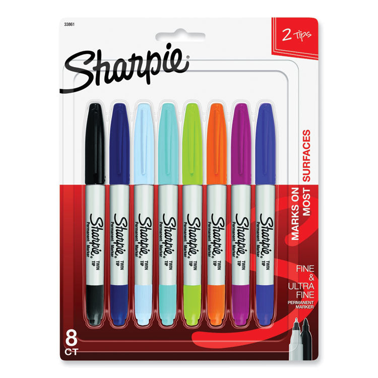 Twin-Tip Permanent Marker, Extra-Fine/fine Bullet Tips, Assorted Colors, 8/set