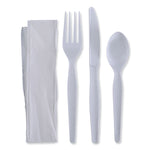 Four-Piece Cutlery Kit, Heavyweight, Fork/Knife/Napkin/Spoon, Plastic, White, 250/Carton