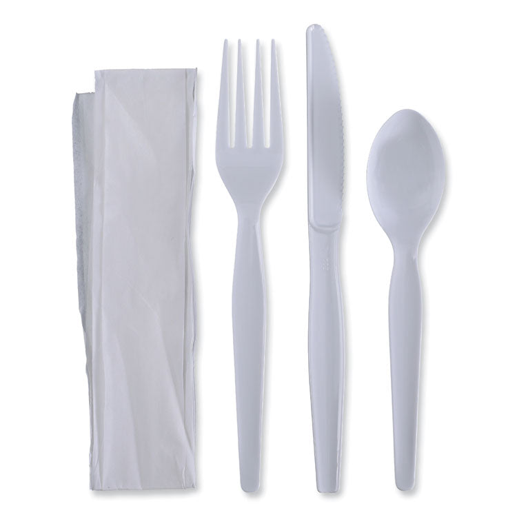 Four-Piece Cutlery Kit, Heavyweight, Fork/Knife/Napkin/Spoon, Plastic, White, 250/Carton